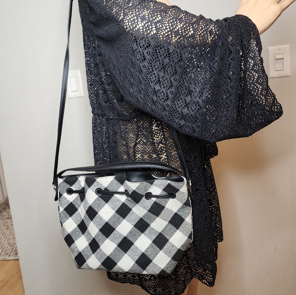 Talbots Crossbody Bucket bag leathe4 wool-blend black white checkered - Picture 14 of 15